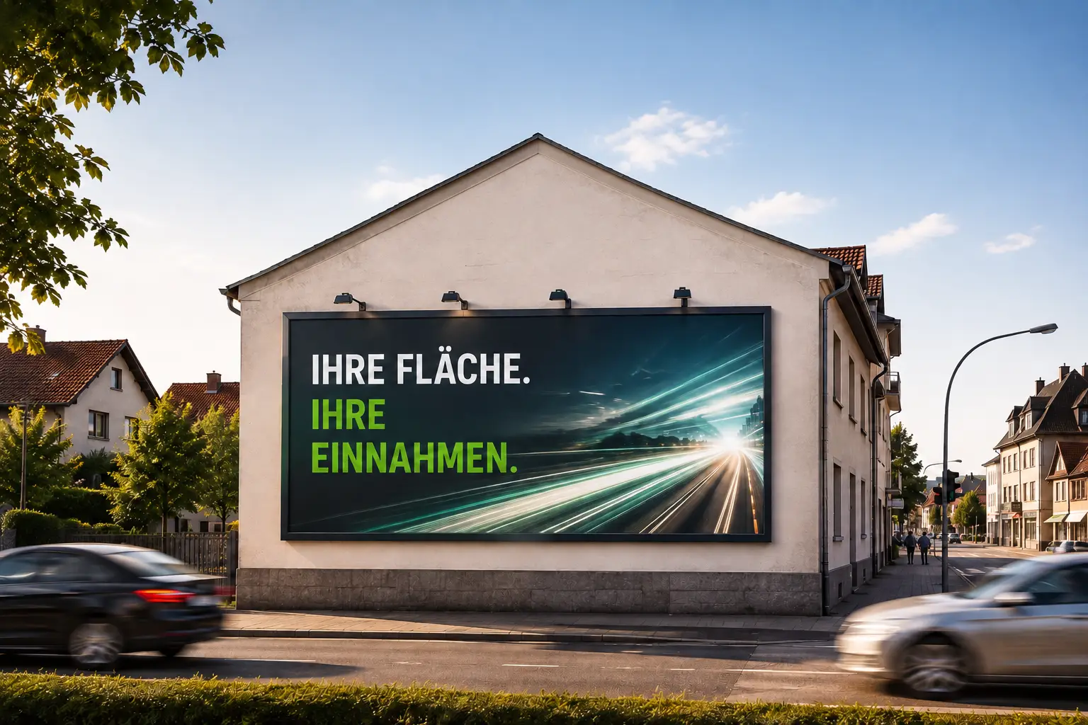 Hauswand als Werbefläche vermieten 1 Mit einer gut sichtbaren Hausfassade oder Hauswand als Werbefläche sichern Sie sich planbare Mieteinnahmen – ohne eigenen Arbeitsaufwand und ohne eigene Investitionskosten. Vermieten Sie Ihre freie Hauswand für Fassadenwerbung und erzielen Sie je nach Lage und Standortpotenzial bis zu 7.000 € Mieteinnahmen pro Jahr. Entscheidend für die Höhe der möglichen Mieteinnahmen ist vor allem die Lage Ihrer Immobilie. Besonders interessant sind gut sichtbare Hausfassaden an stark befahrenen Straßen, Kreuzungen, Ampeln und Haltestellen sowie in unmittelbarer Nähe zu Verbrauchermärkten, Tankstellen, Getränkemärkten und anderen stark frequentierten Standorten. Je höher die Verkehrsfrequenz, Sichtbarkeit und Betrachtungsdauer, desto attraktiver ist die Hauswand für Außenwerbung.
Werbestandort24 bringt Sie mit etablierten Werbeunternehmen zusammen. Wir vermitteln Ihren Standort an geeignete Werbepartner und ermöglichen Ihnen, Angebote und Konditionen miteinander zu vergleichen.
Rundum-Sorglos-Abwicklung: Nach Vertragsabschluss übernimmt Ihr jeweiliger Werbepartner in der Regel die weitere Abwicklung – von der Planung und dem behördlichen Genehmigungsverfahren über die fachgerechte Montage bis hin zur laufenden Wartung, Instandhaltung und Bewirtschaftung der Werbeanlage. Auch die damit verbundenen Kosten werden vollständig vom Betreiber der Werbeanlage getragen.
Für Sie als Eigentümer entsteht dadurch kein eigener Investitions- und nur minimaler Arbeitsaufwand.
Jetzt Ihre Hauswand & Hausfassade als Werbefläche anbieten